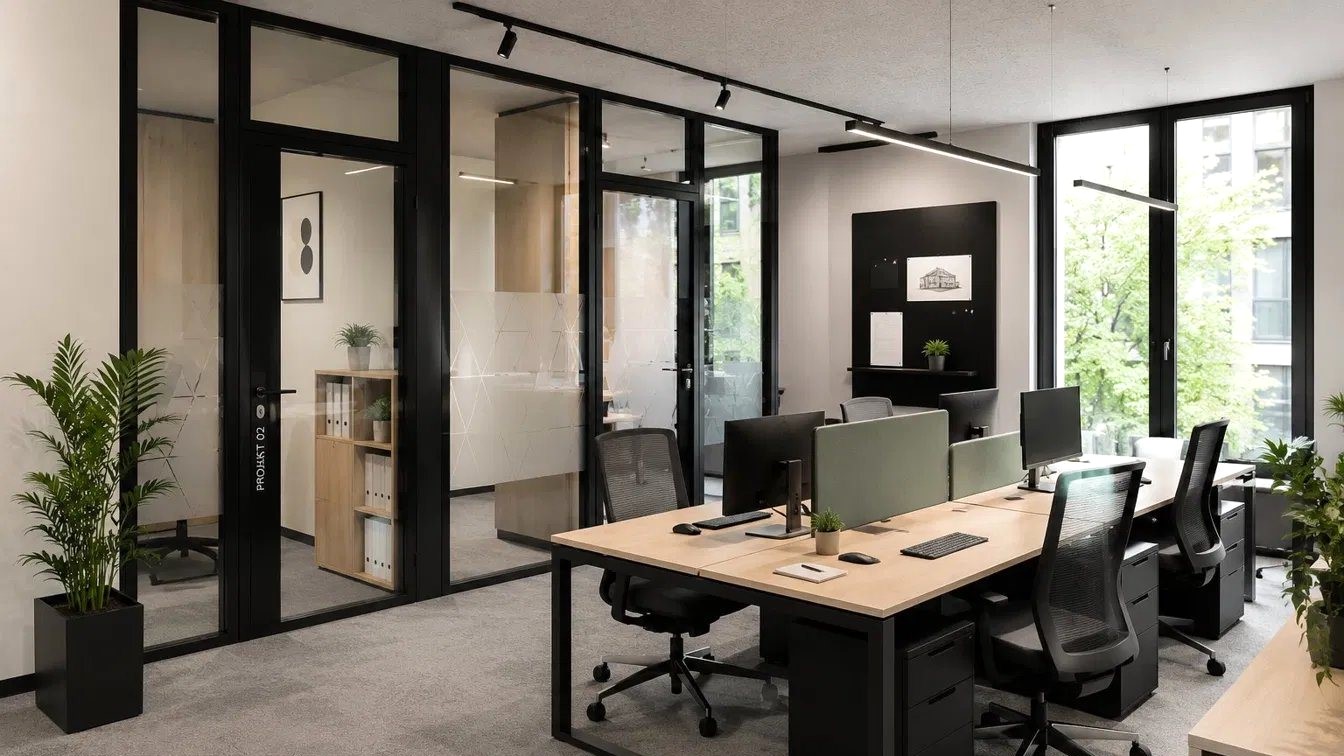 Möbliertes Projektbüro mit Glaswänden im HIVE PARC